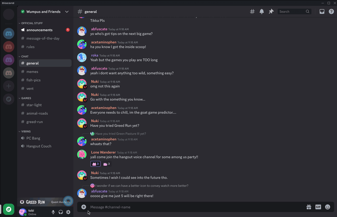The Discord app for desktop. In the bottom-left corner of the app, a bar pops up and offers the user a Video Quest. The user presses the Play button and a video embed displays, inviting the user to watch the content in exchange for a reward.