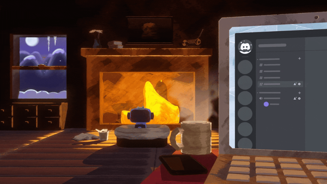 An animation of Wumpus in front of the fireplace during a snowy winter night.