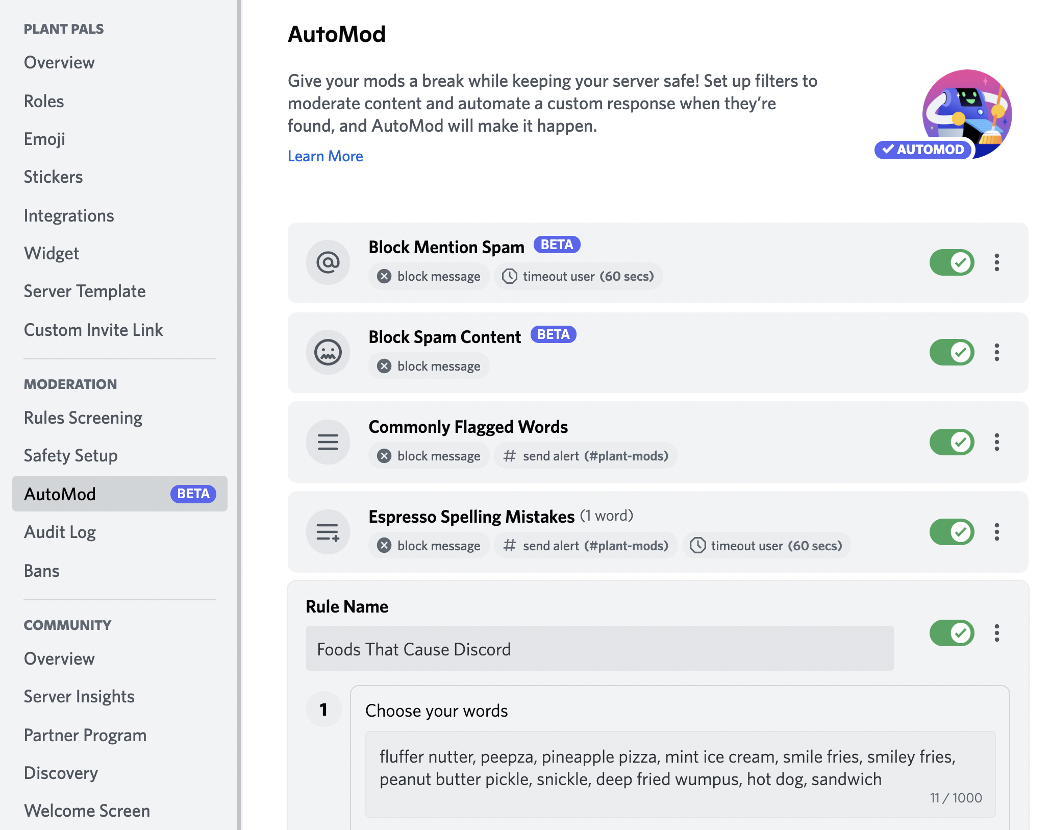 A screenshot of AutoMod’s settings page, found within Server Settings.