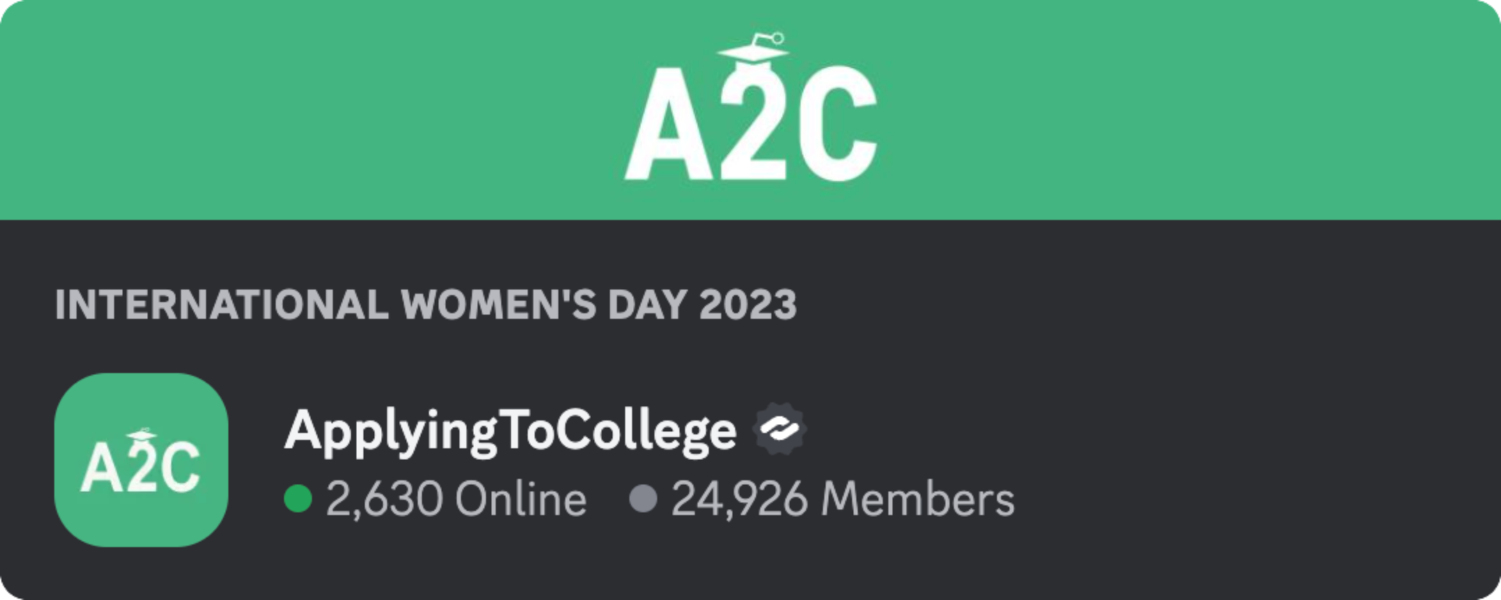 The server icon, name, and banner for the partnered “ApplyingToCollege” server. 