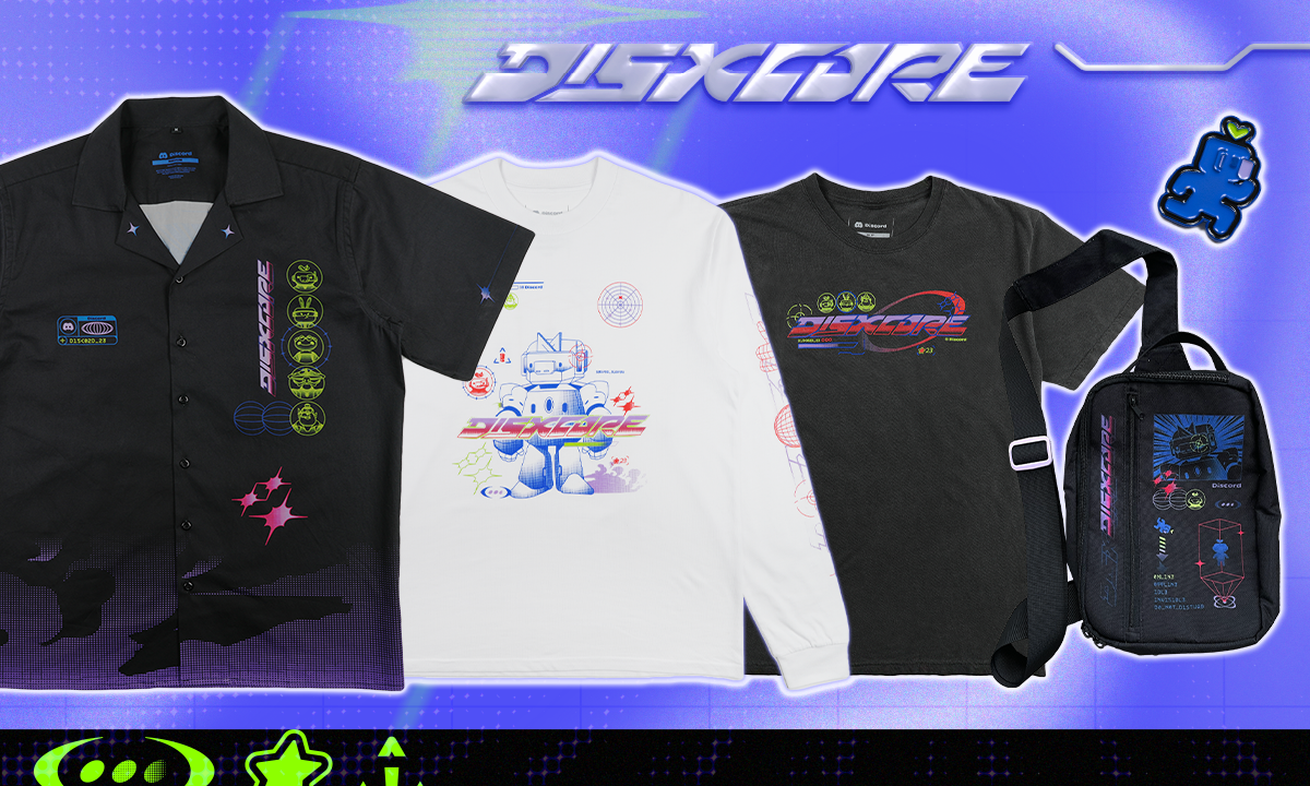 A preview of the DISXCORE merch line, including three shirts, a sling bag and a Wumpus pin.