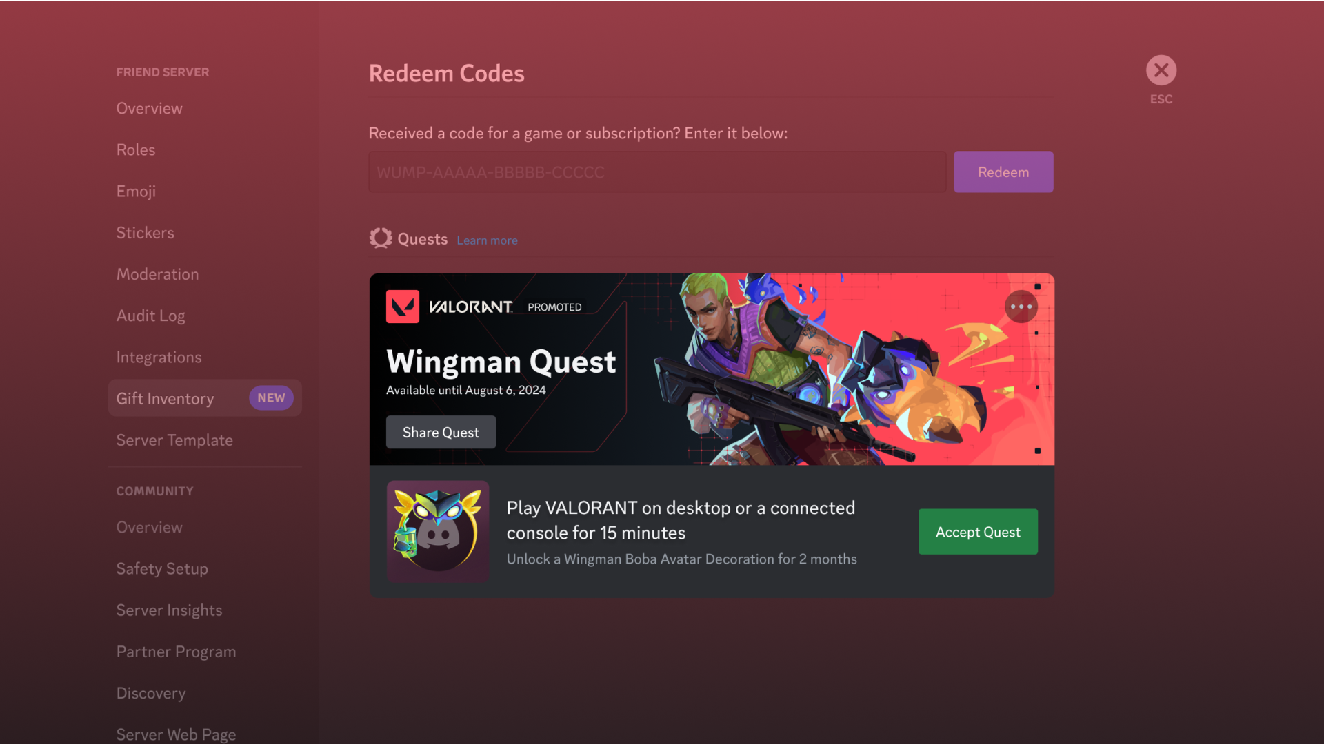 A screenshot of the VALORANT Quest displayed in User Settings > Gift Inventory.
