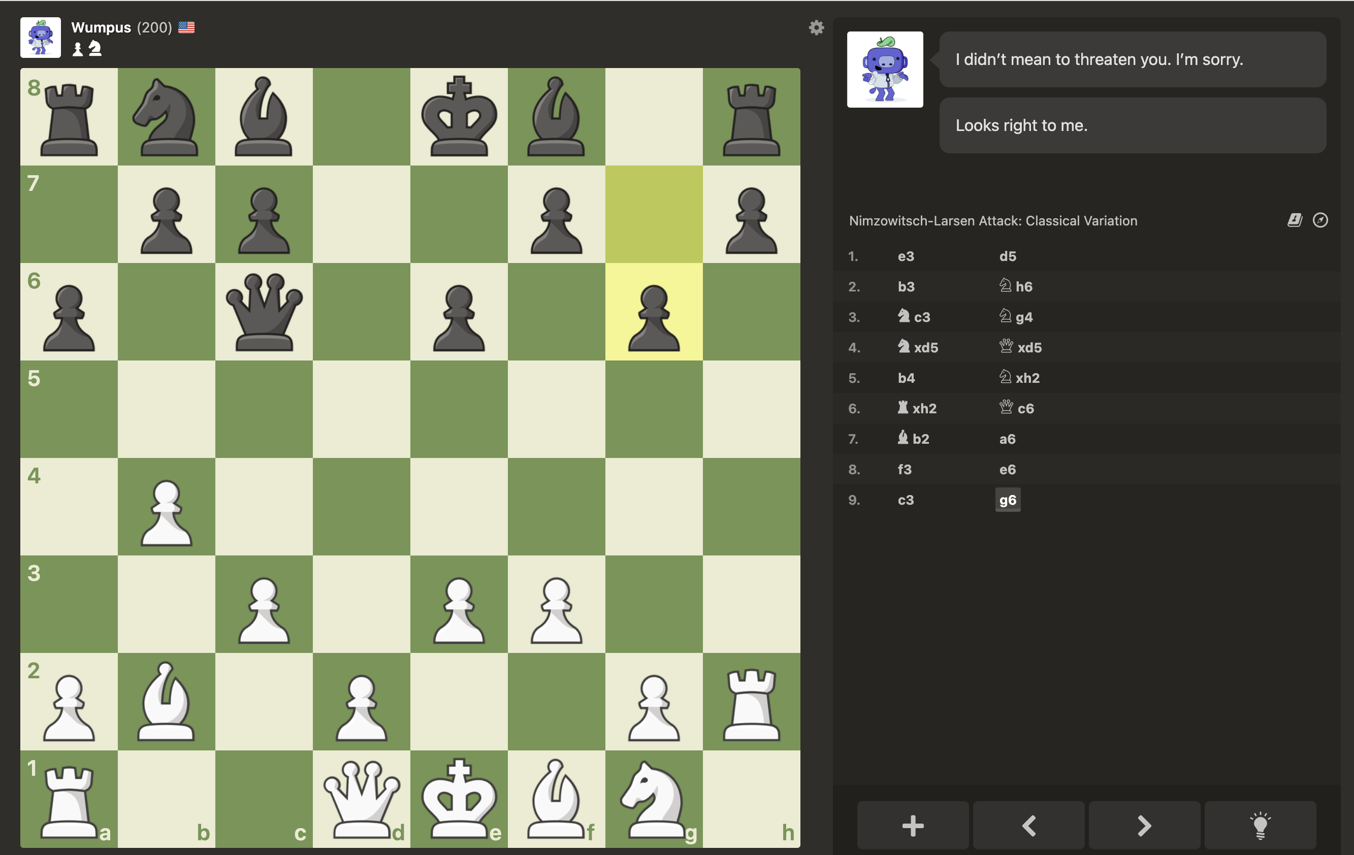 A screenshot of a Chess.com match against Wumpus.