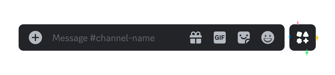 An example of the chat bar in Discord, where users type their messages. To the right of the chat bar, highlighted in sparkles, is the App Launcher button.