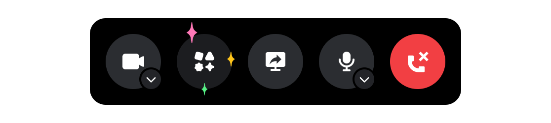An example of the App Launcher button resting between the screenshare and mute buttons on a Discord call on desktop.