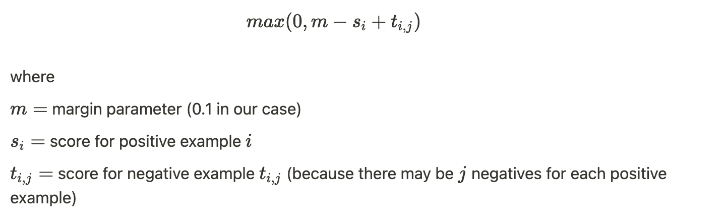 An equation showing the triplet margin ranking loss which takes the maximum of 0 and margin parameter minus the scores for the positive example plus the score for the negative example(s)