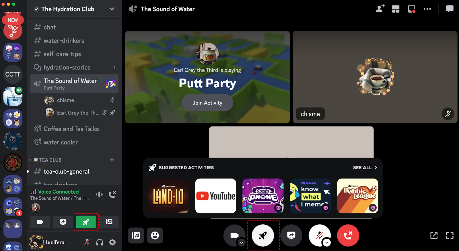 Two users playing an Activity in a Discord server. The Activity button is circled in the screenshot.