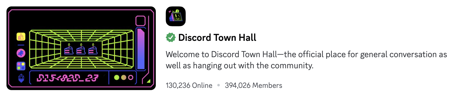 Discord Town Hall server located in Server Discovery, reading "Welcome to Discord Town Hall—the official place for general conversation as well as hanging out with the community."