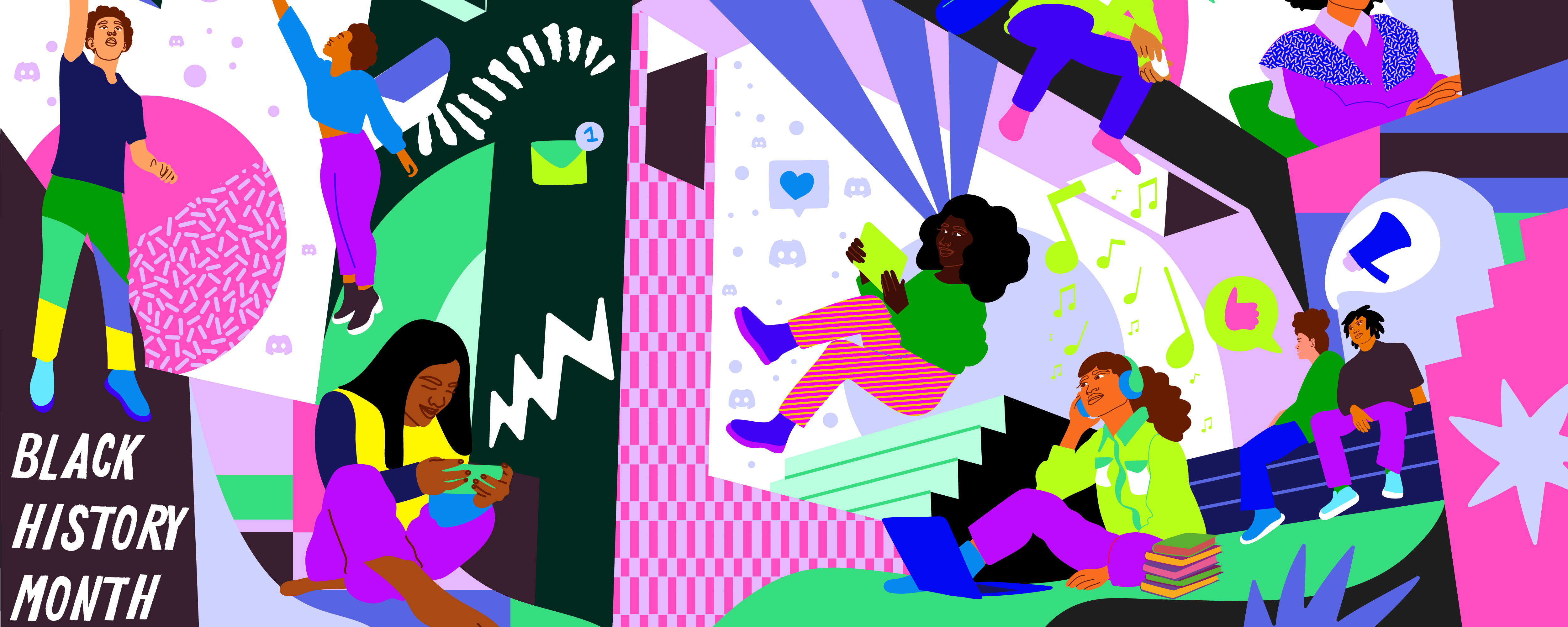 A celebratory header, with multiple individuals chatting, listening to music, and reaching for the sky in celebration of Black History Month.